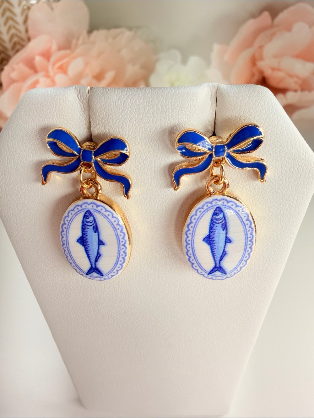 Gold-Tone Blue Bow Drop Earrings with Fish Medallions